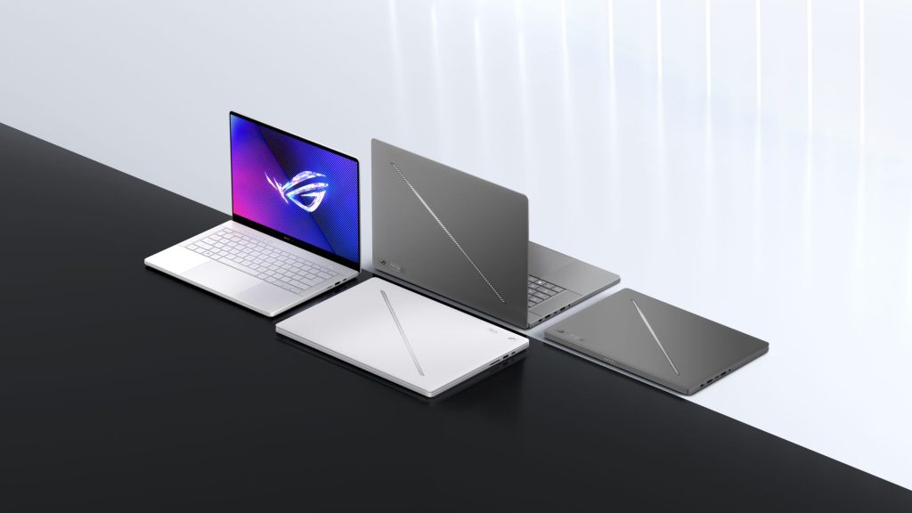 Two Zephyrus G14 laptops and two Zephyrus G16 laptops, with one each in Eclipse Gray and Platinum White, back to back and separated by a gray and white background