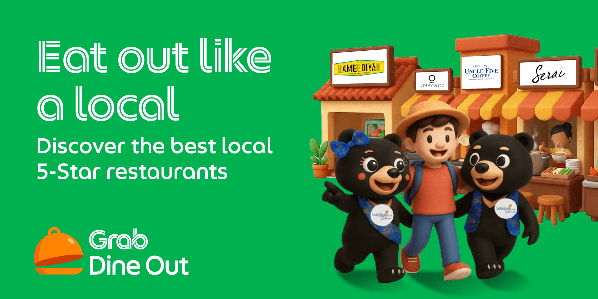 Grab 5-Star Eats promotional graphic featuring bear mascots and iconic Malaysian restaurants including Hameediyah