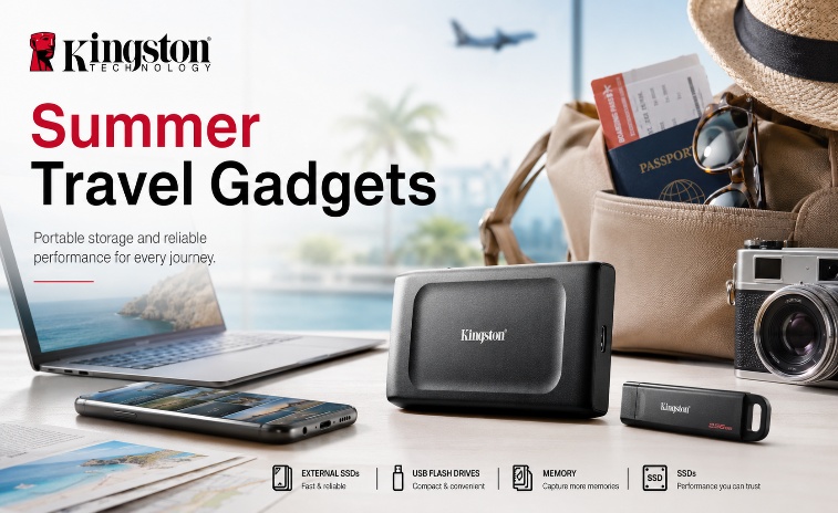 Kingston summer travel gadgets hero - external SSDs, USB drives, memory cards for travelers