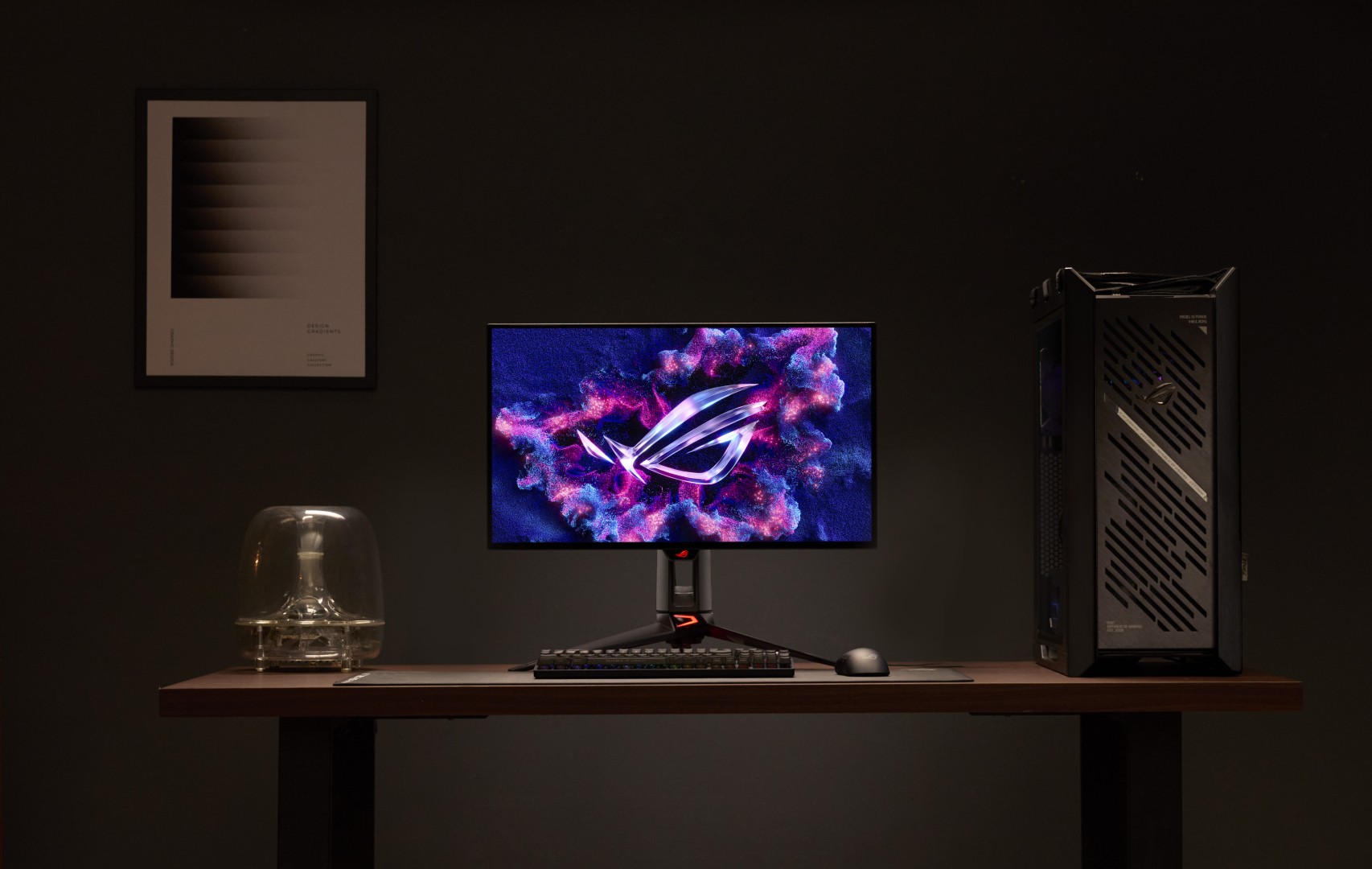 ASUS ROG Brings Tandem RGB OLED Gaming Monitors to Malaysia This October 5 ROG Swift OLED monitor on a minimalist dark desk with lamp and PC case