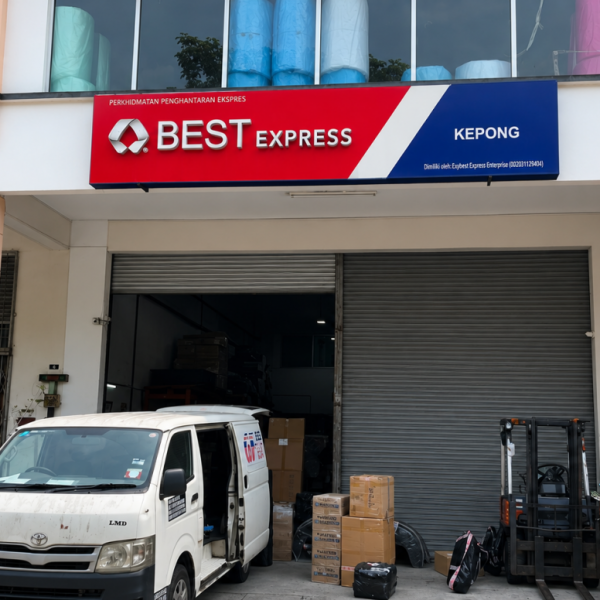 BEST Express Kepong Hits 90% Parcel Completion as Malaysia’s Station Network Scales 19 BEST Express Kepong station exterior with company signage, delivery van and packages at the loading bay