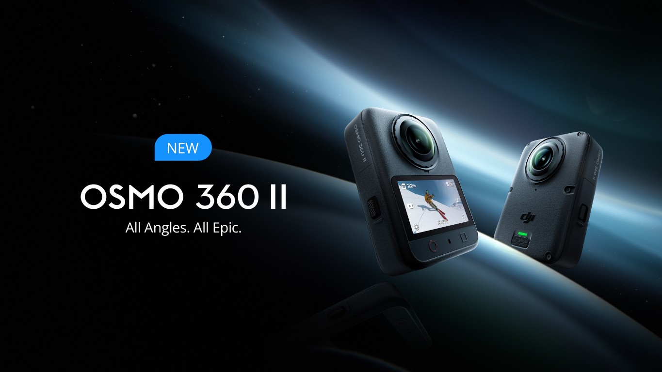 DJI Osmo 360 II mounted on motorcycle selfie stick at sunset