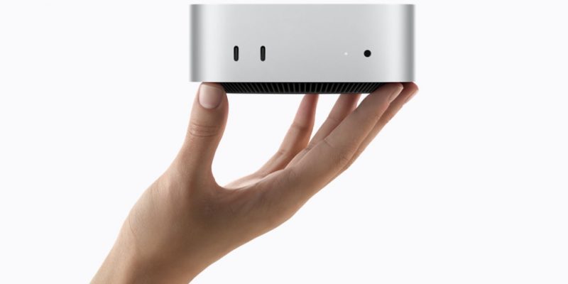 Apple Mac mini with M6 and M5 Pro, shown front and rear with display