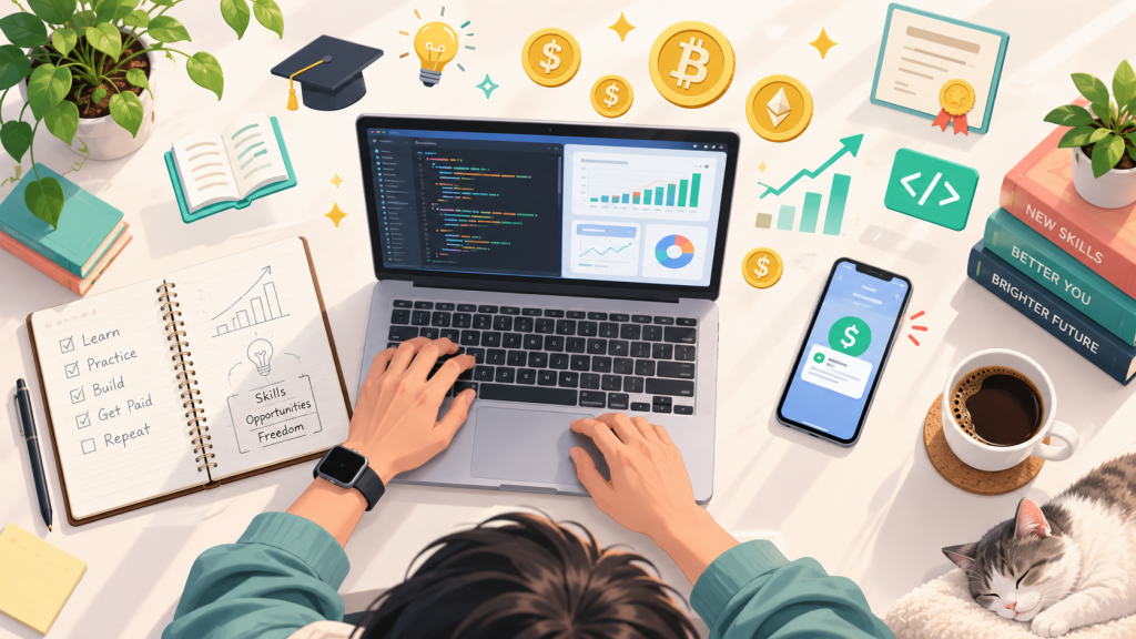 Cover image for the Get Paid to Learn article — workspace with laptop showing code and dashboards, dollar and Bitcoin coins, certificates, notebook checklist, and a cat