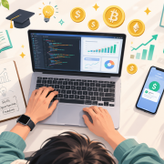 Cover image for the Get Paid to Learn article — workspace with laptop showing code and dashboards, dollar and Bitcoin coins, certificates, notebook checklist, and a cat