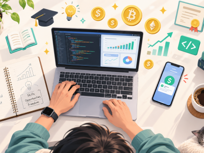Cover image for the Get Paid to Learn article — workspace with laptop showing code and dashboards, dollar and Bitcoin coins, certificates, notebook checklist, and a cat