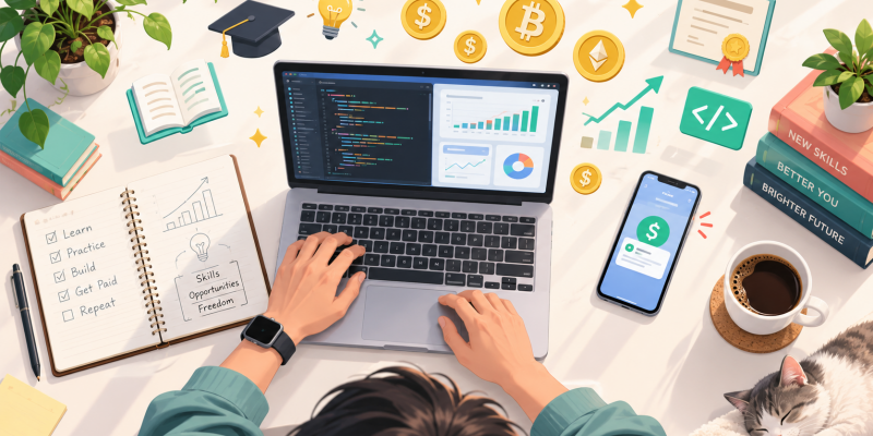 Cover image for the Get Paid to Learn article — workspace with laptop showing code and dashboards, dollar and Bitcoin coins, certificates, notebook checklist, and a cat